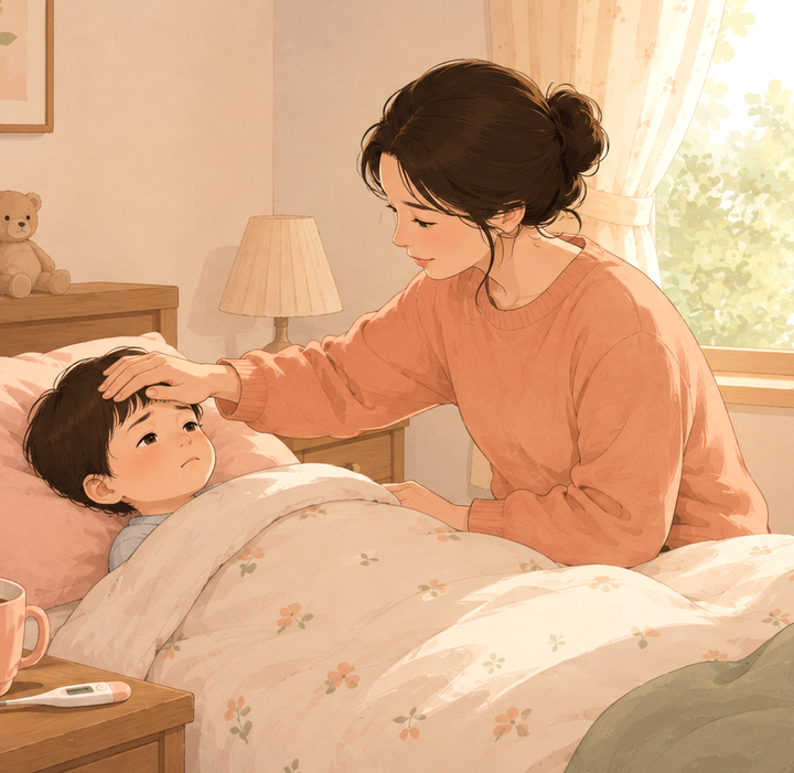침실 침대에 누운 아이의 이마를 엄마가 손으로 짚으며 살펴보는 장면