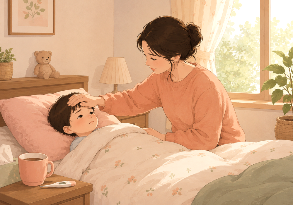 천안 감기 — 콧물이 난 아이의 이마를 짚어 보는 부모의 손 장면