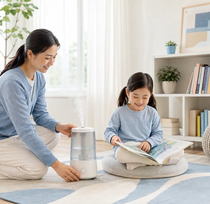 천안 소아 기관지염 – 거실에서 엄마가 가습기를 켜고 아이가 책을 보는 장면