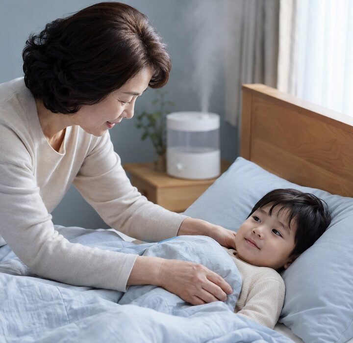 천안 후두염 – 가습기가 놓인 침실에서 아이를 돌보는 보호자