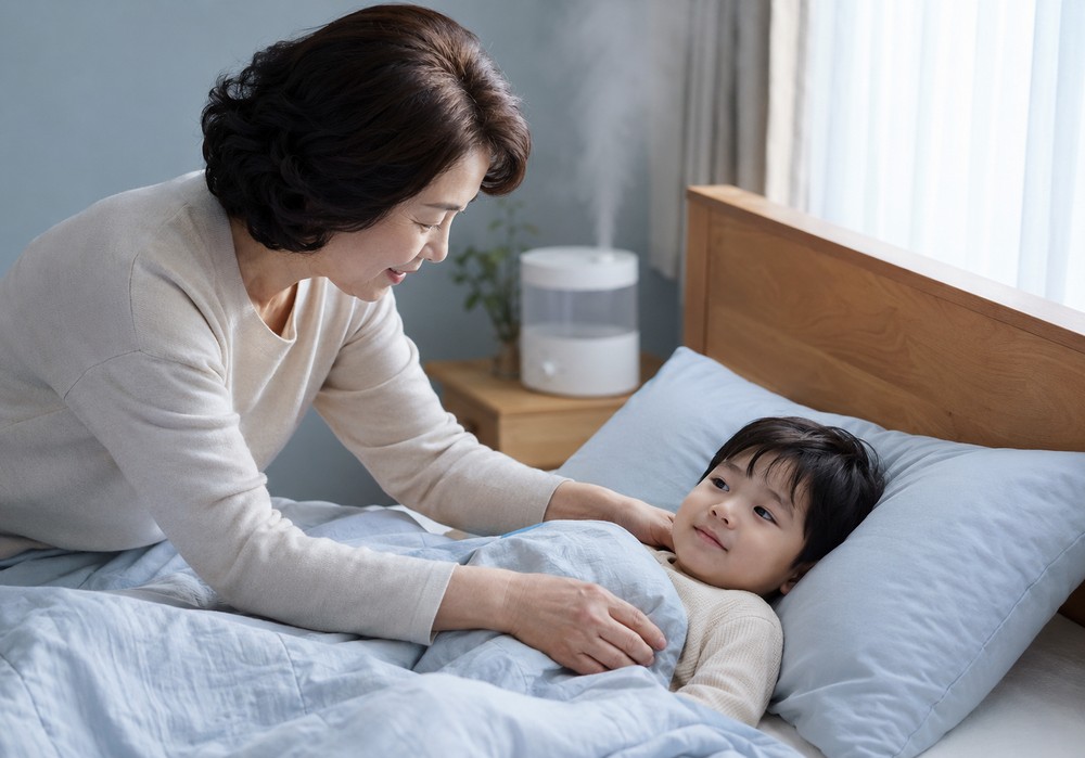 천안 후두염 — 밤에 컹컹거리는 기침으로 힘들어하는 아이를 안고 살피는 모습