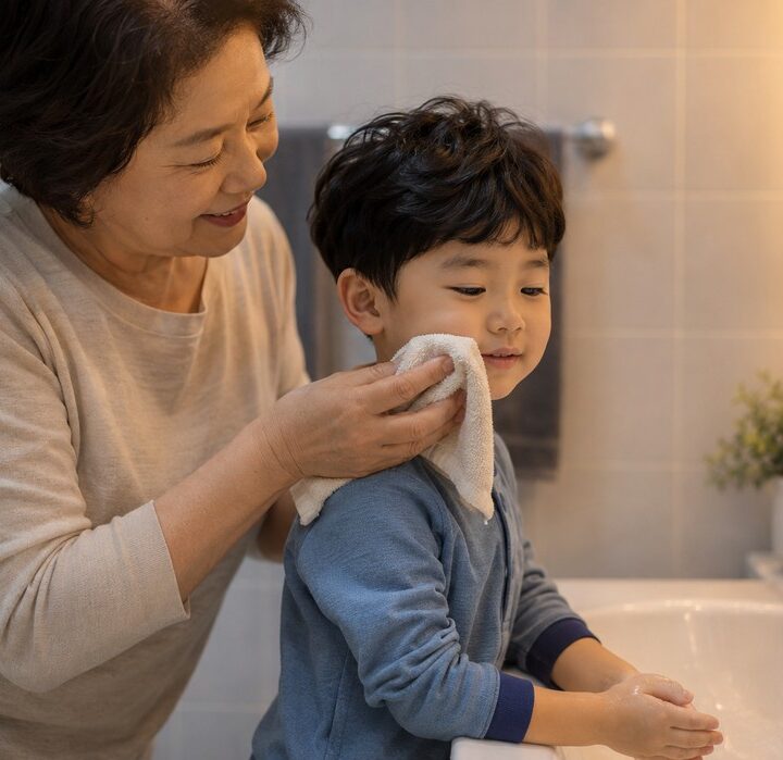 천안 유아 알레르기 비염 – 세면대 앞에서 아이 얼굴을 수건으로 닦아주는 할머니