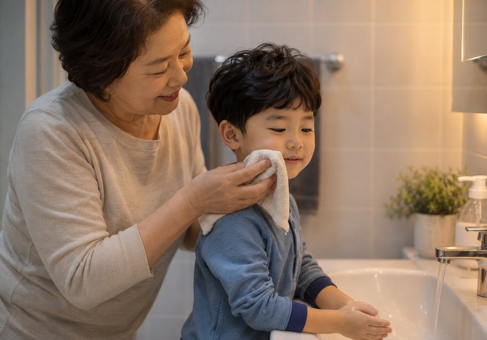 천안 유아 알레르기 비염 – 세면대 앞에서 아이 얼굴을 수건으로 닦아주는 할머니