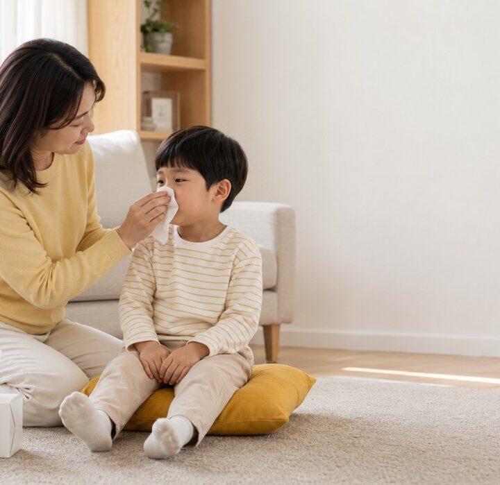 천안 콧물 멈추지 않는 아이 – 거실 바닥에서 휴지로 아이의 코를 닦아주는 엄마