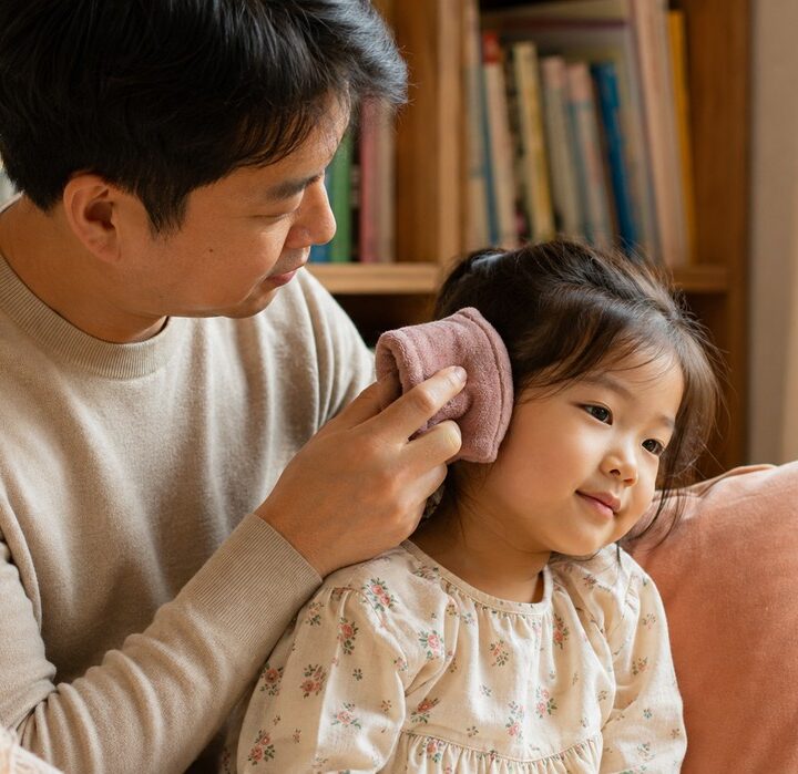 낮 실내에서 베이지 니트를 입은 아빠가 꽃무늬 원피스 여자아이의 귀에 분홍색 수건을 대어주는 모습