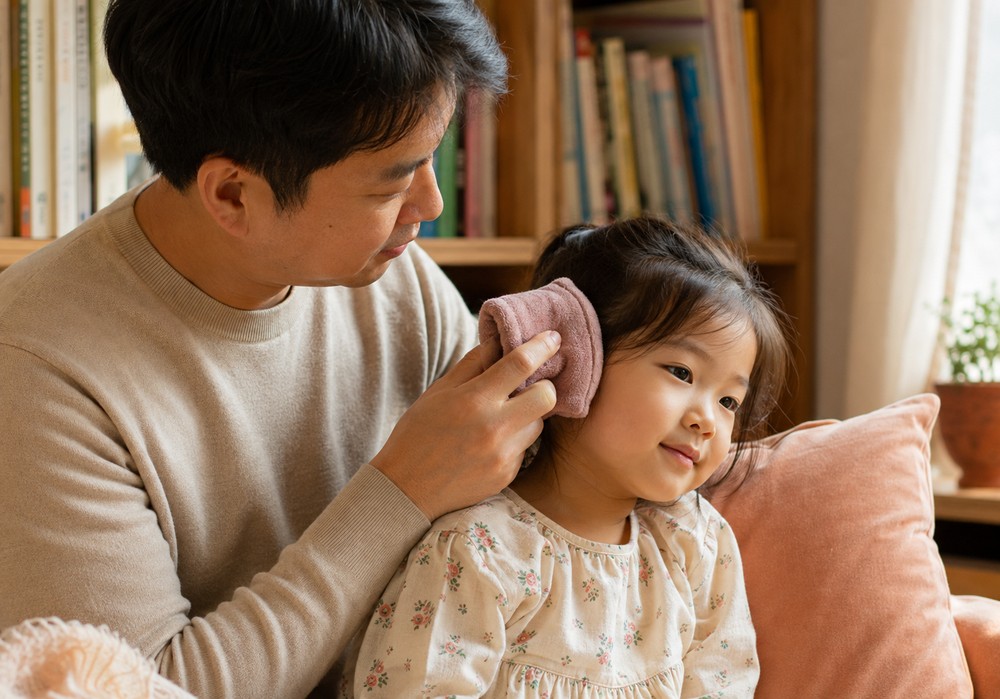 낮 실내에서 베이지 니트를 입은 아빠가 꽃무늬 원피스 여자아이의 귀에 분홍색 수건을 대어주는 모습