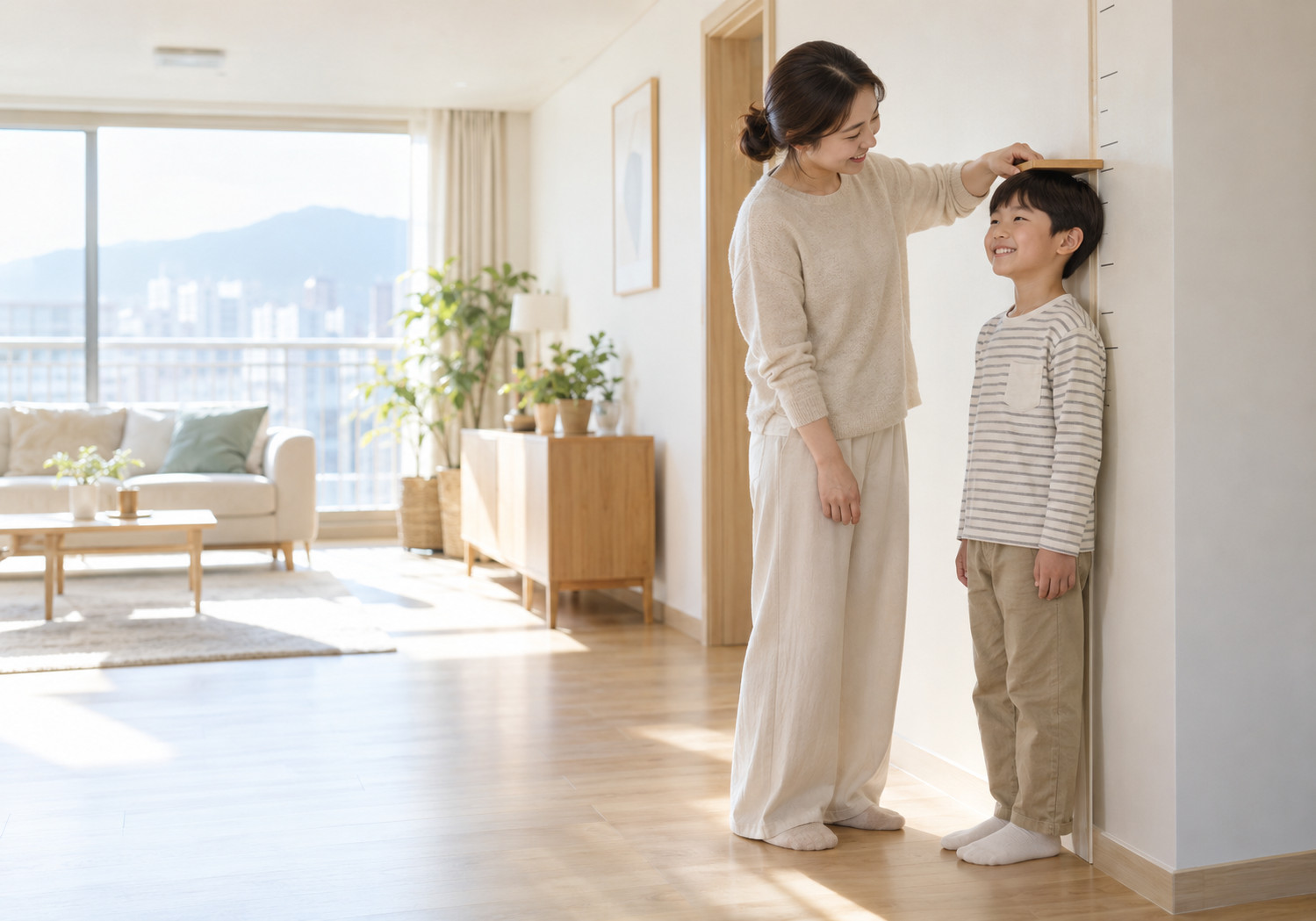 천안 사춘기 전 성장 – 엄마가 집 안의 키 눈금 앞에 선 남자아이의 키를 재는 모습