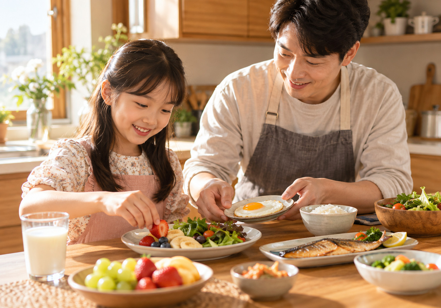 천안 사춘기 전 성장 – 아빠와 여자아이가 생선과 달걀, 밥, 채소, 과일이 놓인 식탁에서 식사를 준비하는 모습