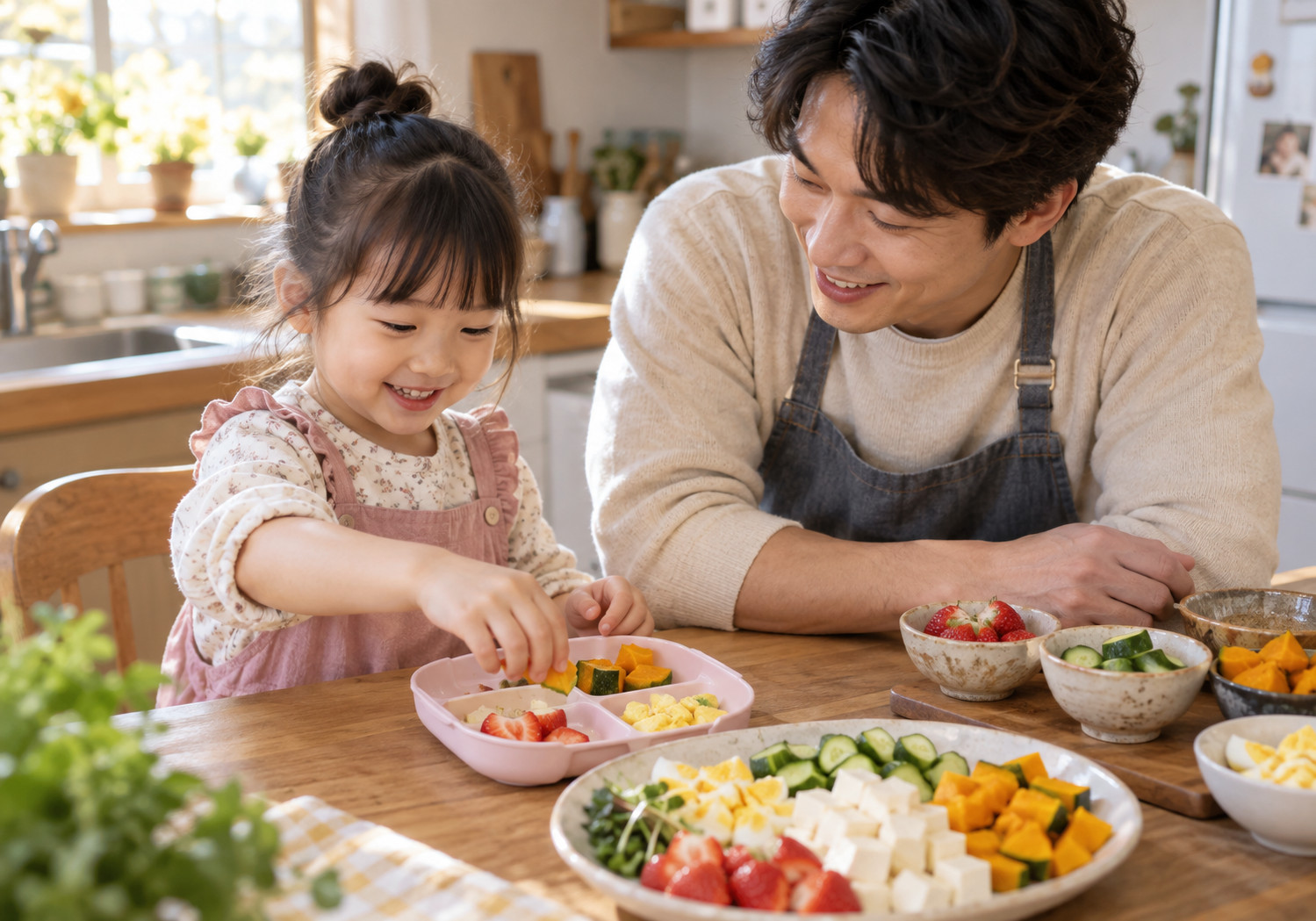 천안 식욕부진 식습관 – 아빠와 여자아이가 과일과 채소, 달걀이 담긴 접시를 함께 살펴보는 장면