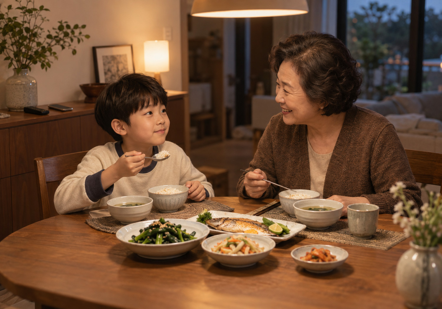 천안 식욕부진 식습관 – 할머니와 남자아이가 생선과 나물, 밥이 차려진 식탁에서 함께 식사하는 장면
