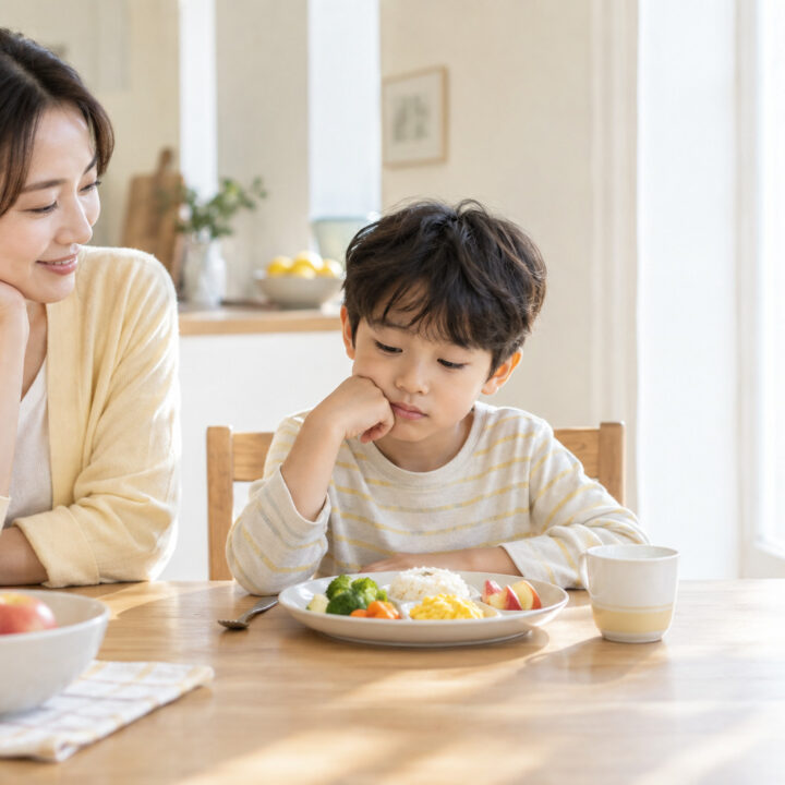 천안 식욕부진 식습관 – 엄마가 식탁에서 식사를 망설이는 남자아이의 모습을 지켜보는 장면