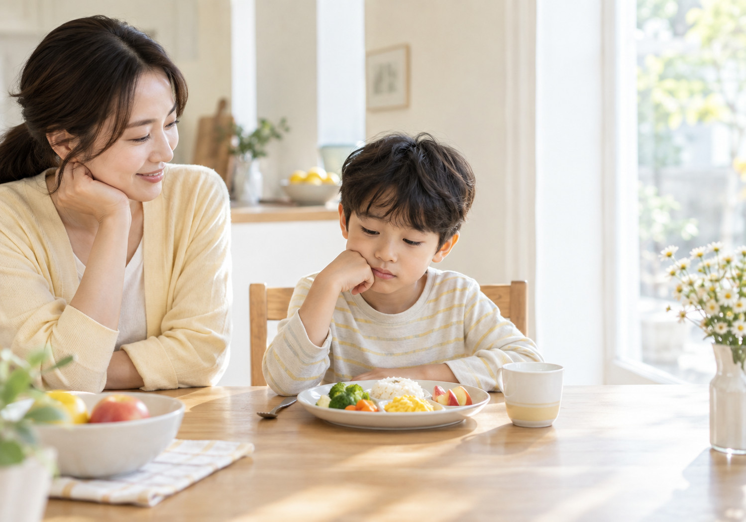 천안 식욕부진 식습관 – 엄마가 식탁에서 식사를 망설이는 남자아이의 모습을 지켜보는 장면