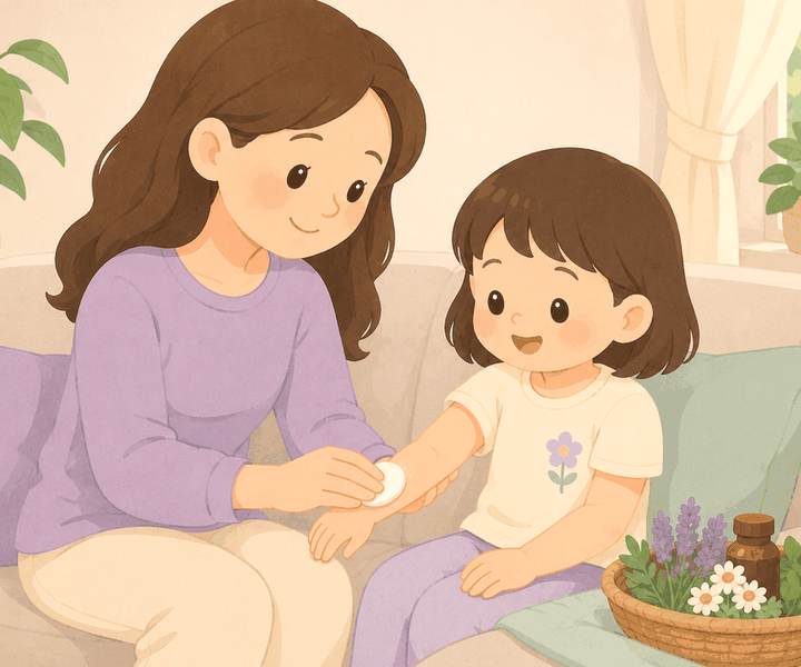광주신세계 두드러기 – 엄마가 아이 팔에 화장솜으로 진정 케어를 해주는 모습