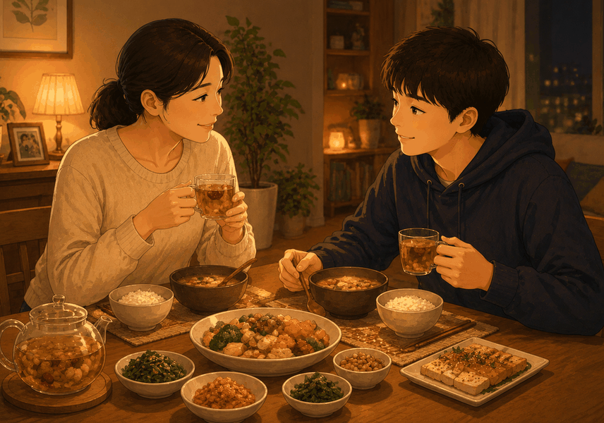 광주 수험생한약 — 저녁 식탁에서 엄마와 학생이 마주 앉아 한방차를 들고 이야기하는 모습