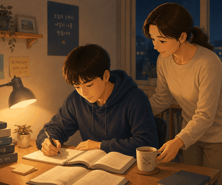 광주신세계 수험생 한약 – 엄마가 공부하는 아이 옆에 따뜻한 차를 놓아주는 모습