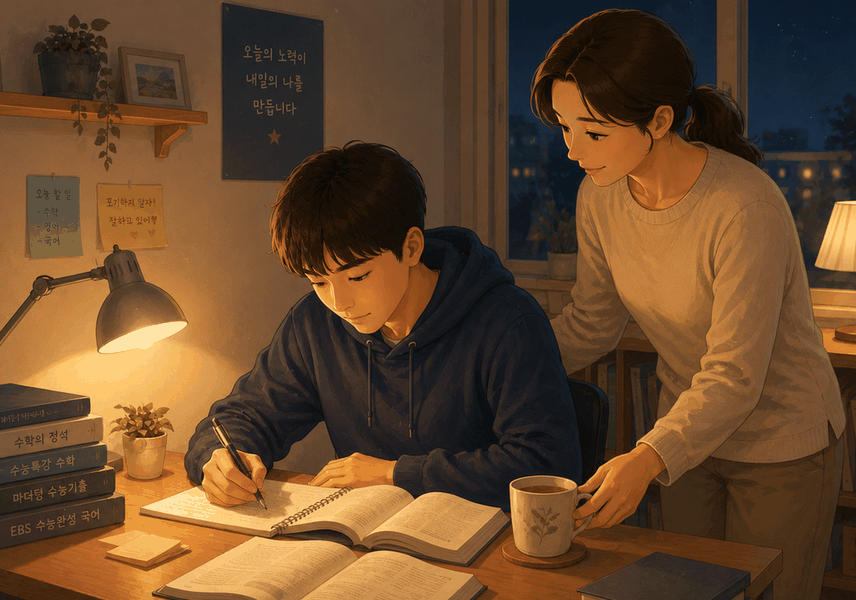 광주 수험생한약 — 밤 창가 책상에서 학생이 문제집을 풀고 엄마가 한방차 머그컵을 책상에 놓아 주는 모습
