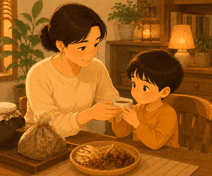 광주신세계 돌보약 – 식탁에서 엄마가 아이에게 따뜻한 한약 잔을 건네는 모습