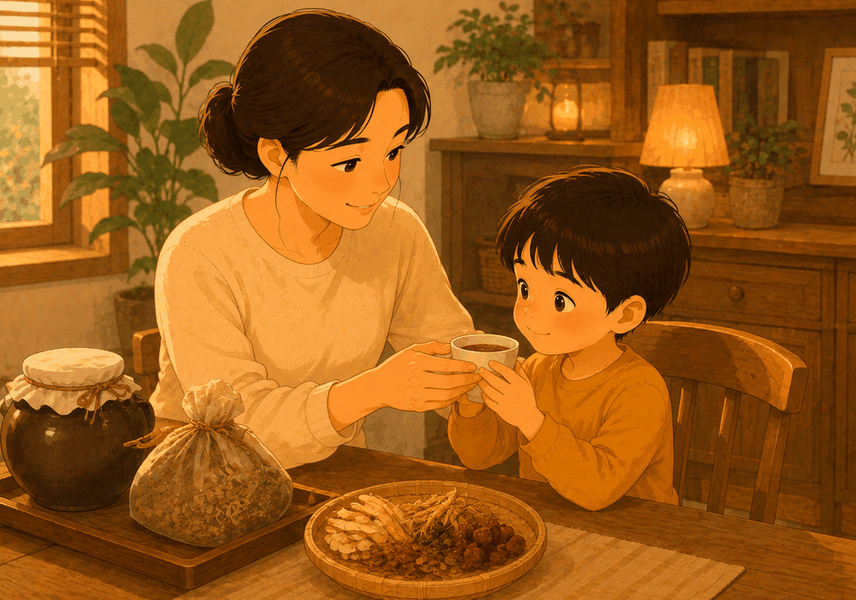 광주신세계 돌보약 – 식탁에서 엄마가 아이에게 따뜻한 한약 잔을 건네는 모습