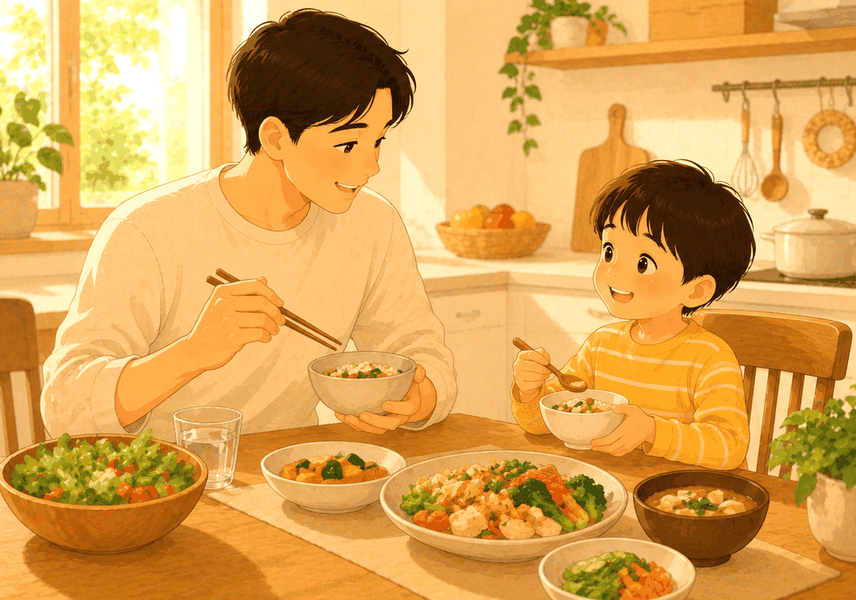 광주신세계 돌보약 – 식탁에서 아빠와 아이가 건강한 집밥을 함께 먹는 모습