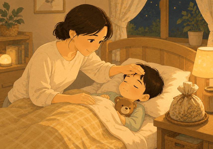 광주신세계 돌보약 – 밤 침실에서 엄마가 잠든 아이의 이마를 짚어 보는 모습