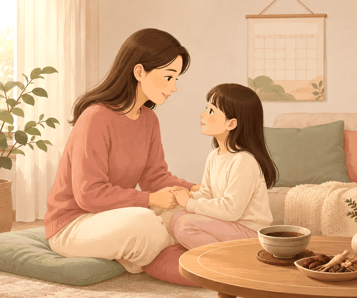 광주 아이누리한의원 성조숙증 칼럼, 방석에 마주 앉아 손잡고 대화하는 엄마와 딸