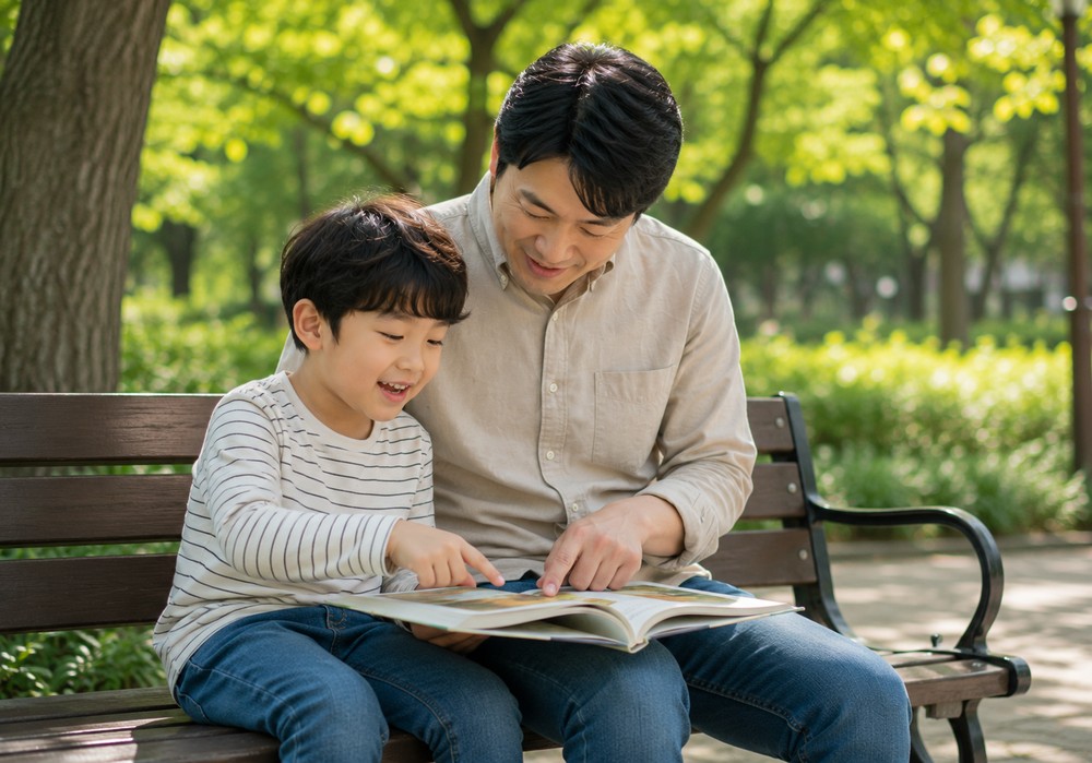 공원 벤치에서 아빠와 아이가 함께 그림책을 보는 모습