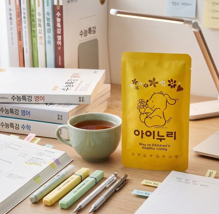 학습 교재와 필기구가 놓인 책상 위에 아이누리 제품이 놓인 모습