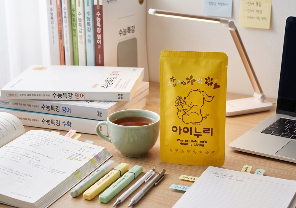 광주 학습클리닉 — 학습 교재와 필기구가 놓인 책상 위에 아이누리 제품이 놓인 모습