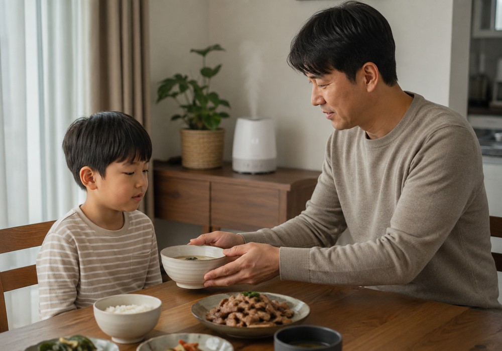 따뜻한 물을 마시며 실내에서 편안하게 쉬는 아이