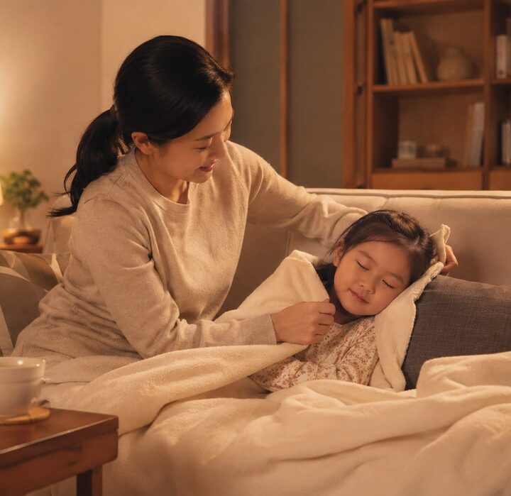 광주 소아 감기 – 소파에서 담요를 덮은 아이를 엄마가 돌보는 장면