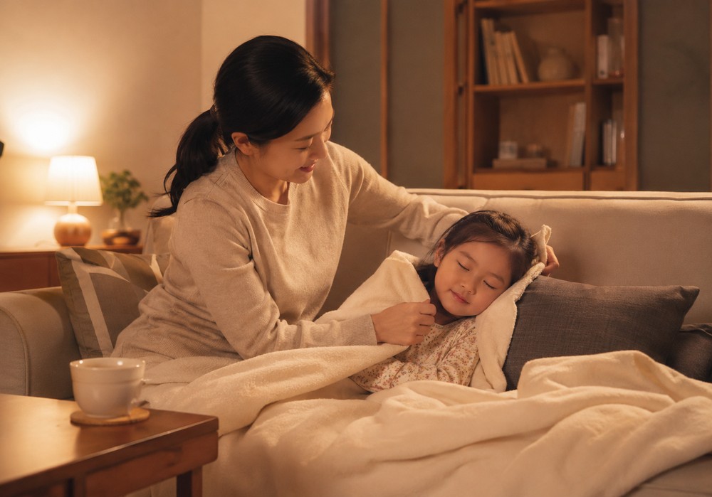 광주 소아감기 — 환절기에 콧물을 훌쩍이는 아이를 살피는 엄마