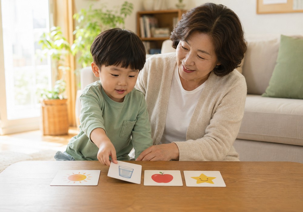광주 변비 – 물컵 그림 카드를 짚는 아이와 할머니