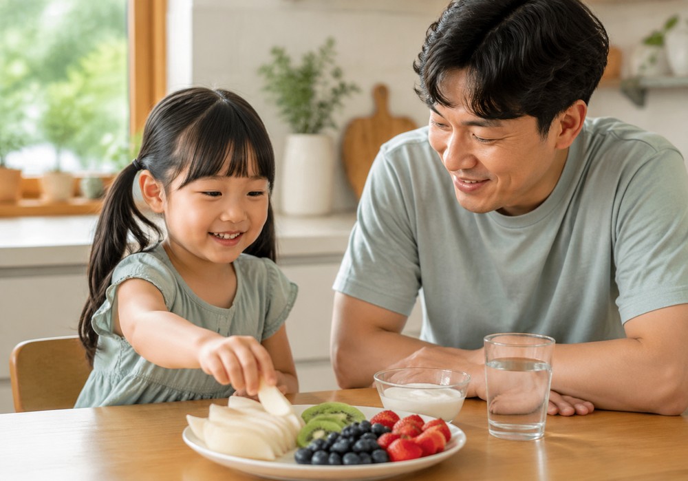 광주 변비 – 배·키위·베리 접시에서 과일을 집는 여자아이