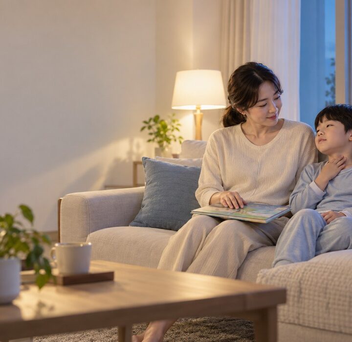 저녁 거실 소파에서 아이보리 니트를 입은 엄마와 하늘색 잠옷을 입은 남자아이가 그림책을 함께 보고, 아이가 한 손으로 목을 만지는 모습