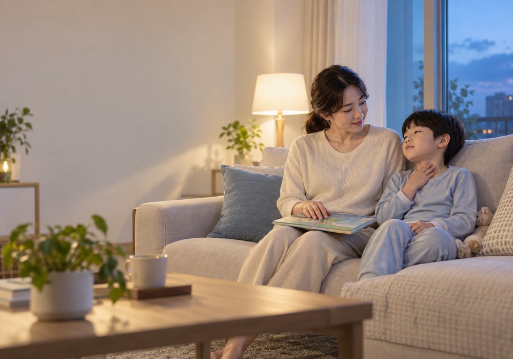 저녁 거실 소파에서 아이보리 니트를 입은 엄마와 하늘색 잠옷을 입은 남자아이가 그림책을 함께 보고, 아이가 한 손으로 목을 만지는 모습