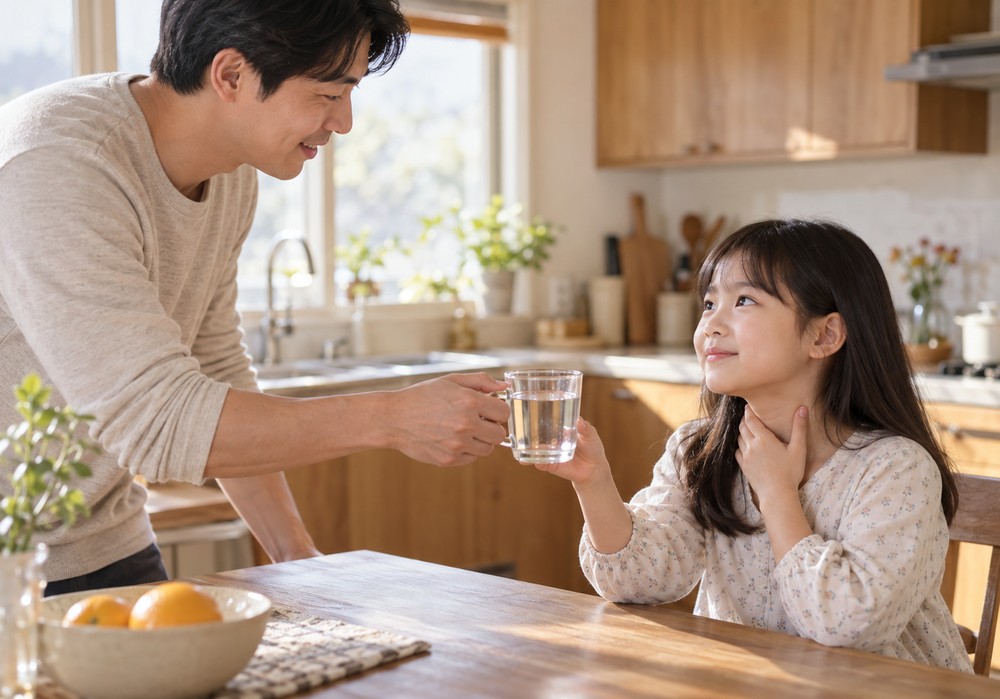낮 주방 식탁에서 베이지 니트를 입은 아빠가 여자아이에게 물이 담긴 유리컵을 건네고, 아이가 다른 손으로 목을 만지는 모습