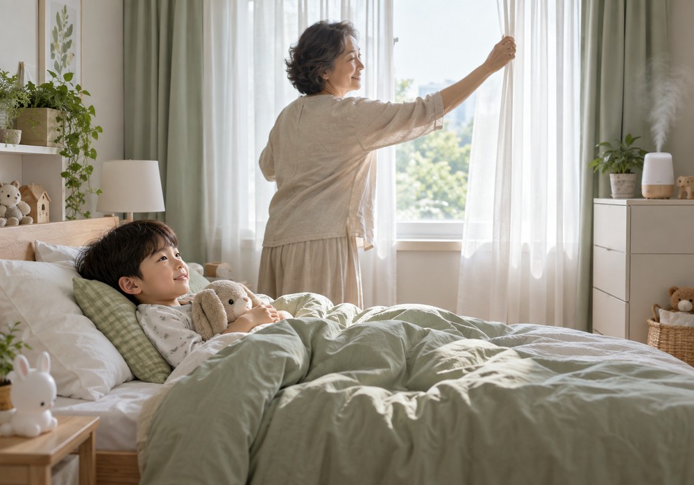 아침 침실에서 남자아이가 침대에 누워 있고, 회색 가디건을 입은 할머니가 커튼을 열어 환기하는 모습