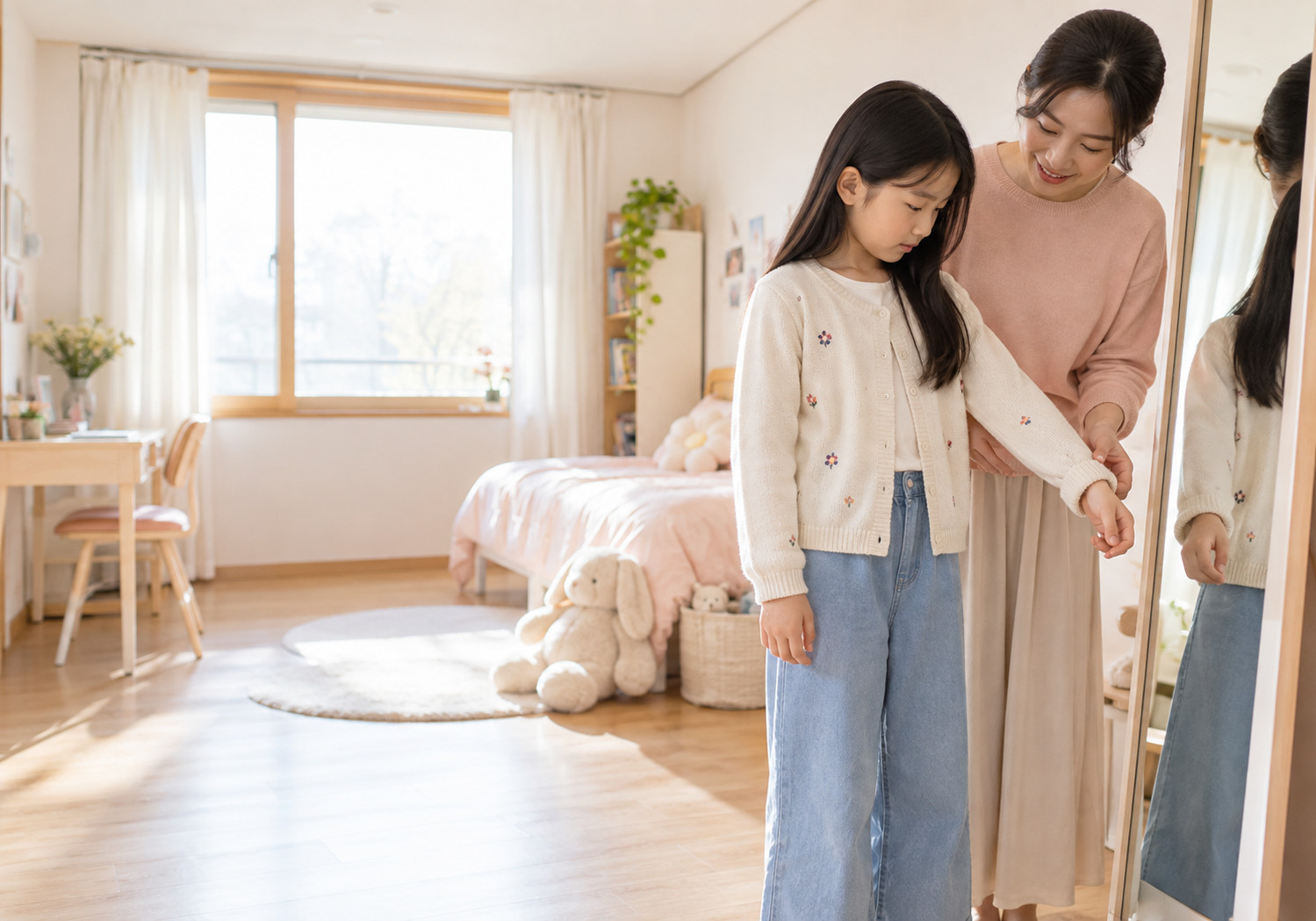 광주 성조숙증 초기 증상 – 엄마가 아이의 옷 소매를 살펴보는 모습