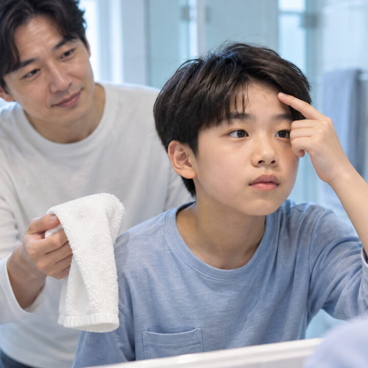 광주 성조숙증 초기 증상 – 거울 앞에서 이마를 살펴보는 아이
