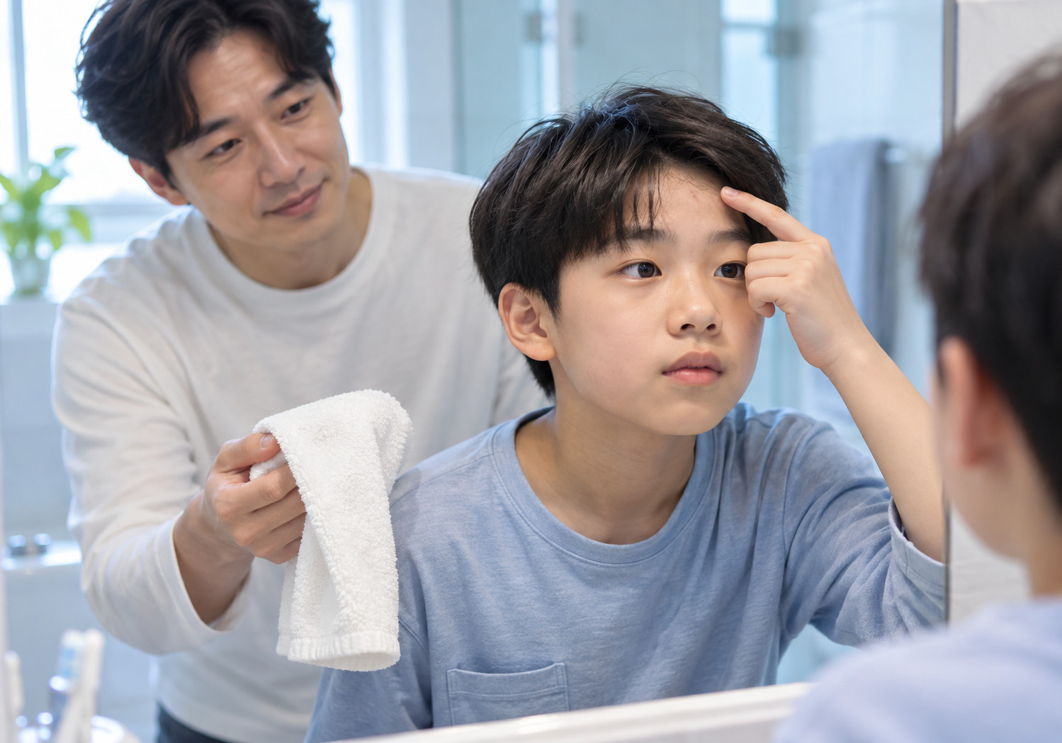 광주 성조숙증 초기 증상 – 거울 앞에서 이마를 살펴보는 아이