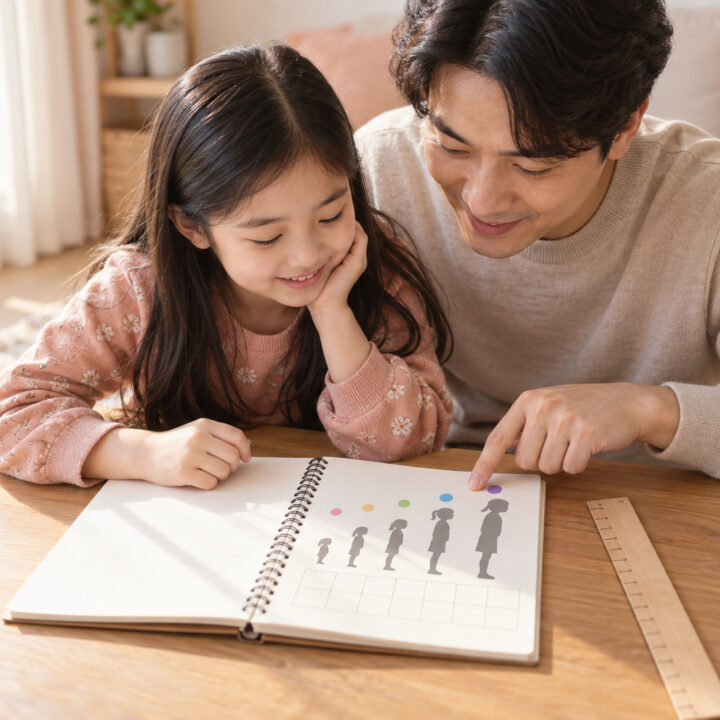 광주 아이 키 성장속도 – 아빠와 여자아이가 성장 단계 그림이 있는 노트를 함께 살펴보는 모습