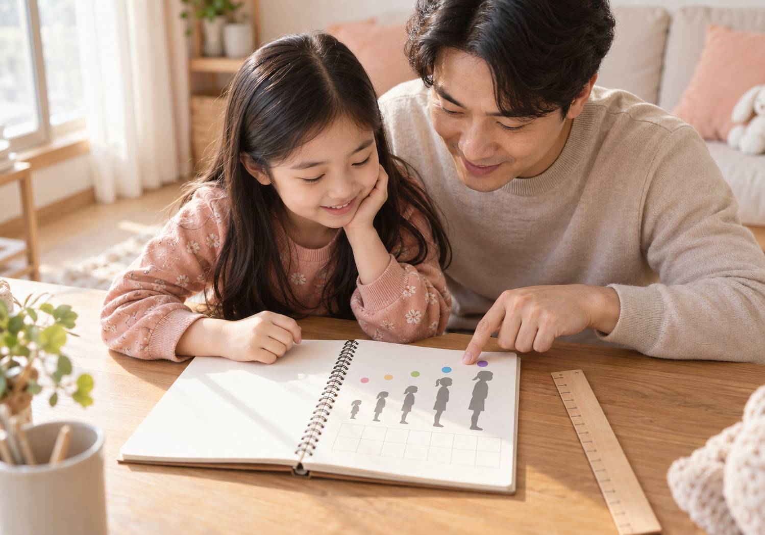 광주 아이 키 성장속도 – 아빠와 여자아이가 성장 단계 그림이 있는 노트를 함께 살펴보는 모습