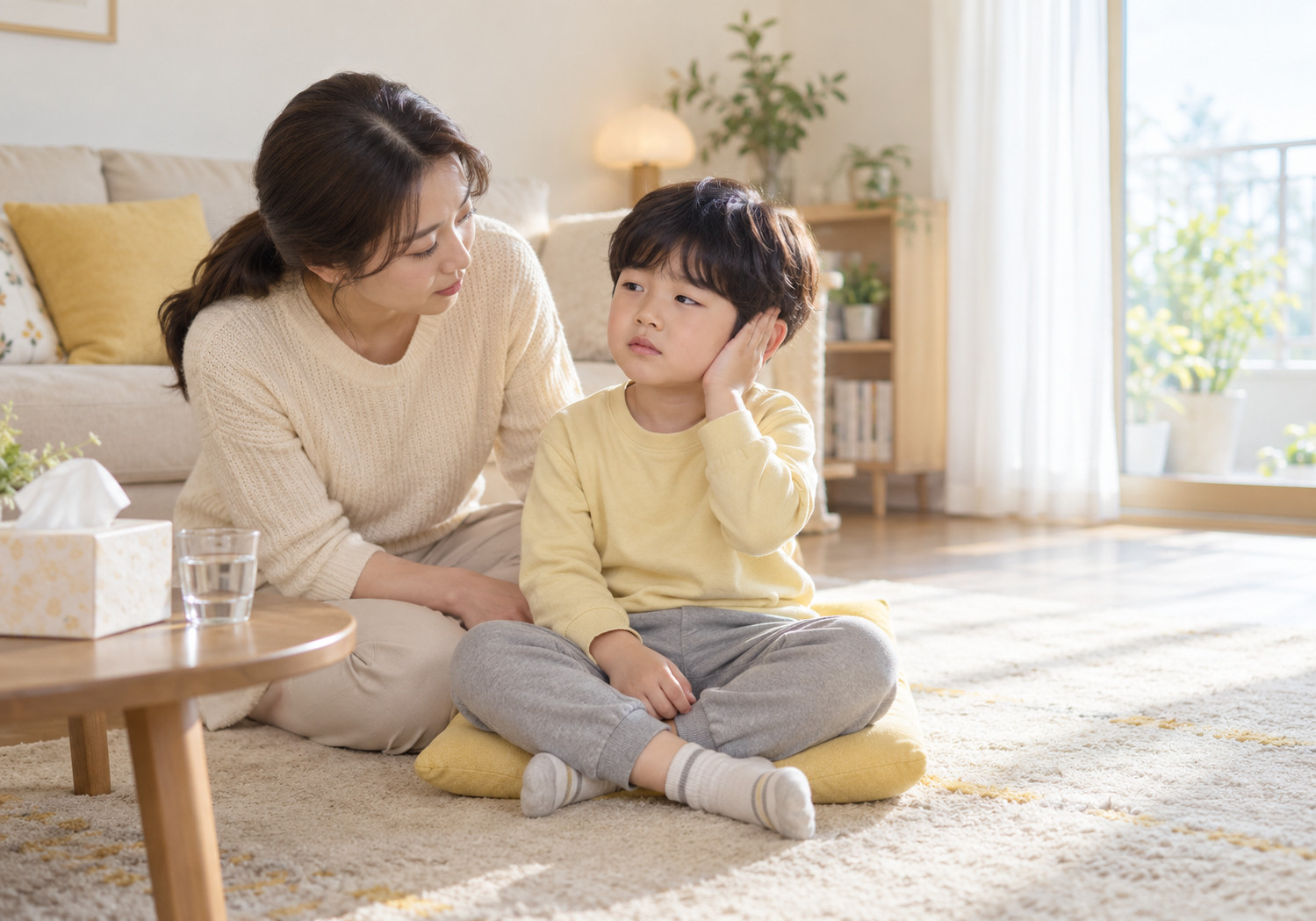 광주 중이염 생활관리 – 귀가 불편한 듯 한쪽 귀에 손을 댄 남자아이를 엄마가 곁에서 살펴보는 장면