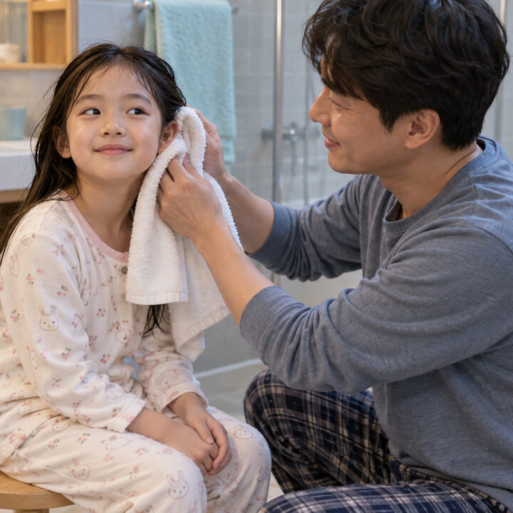 광주 중이염 생활관리 – 아빠가 목욕을 마친 여자아이의 젖은 머리와 귀 주변을 수건으로 닦아 주는 장면