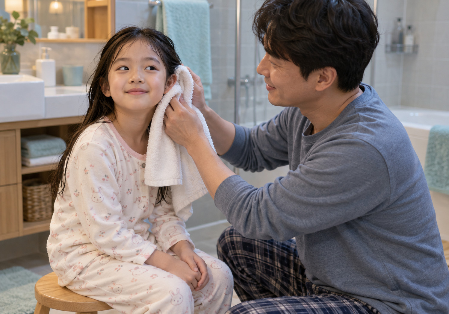 광주 중이염 생활관리 – 아빠가 목욕을 마친 여자아이의 젖은 머리와 귀 주변을 수건으로 닦아 주는 장면