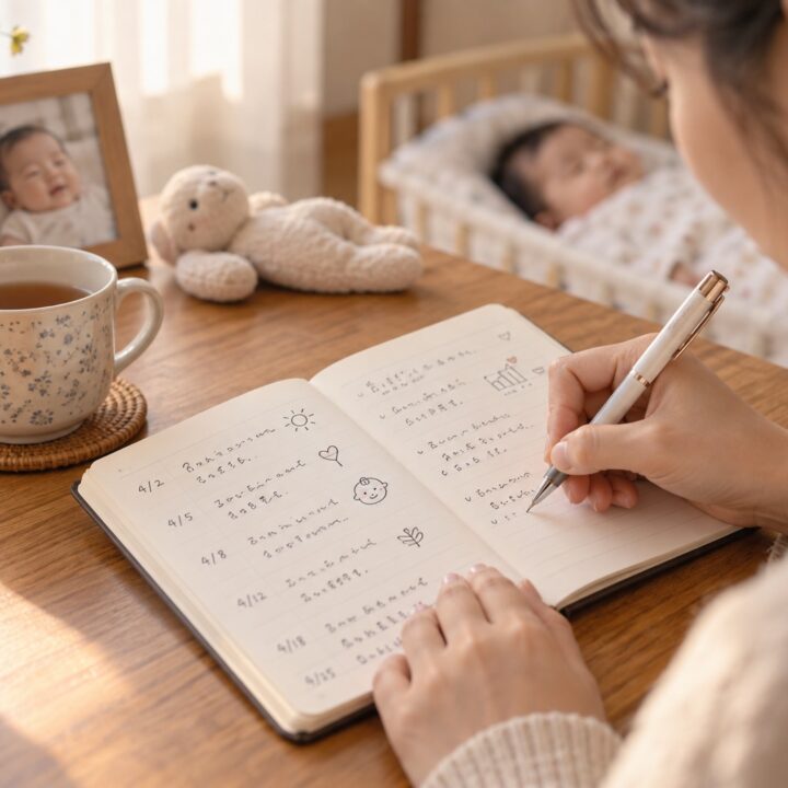 부모가 아이의 성장 기록 수첩에 날짜와 신호를 적어 넣는 따뜻한 색감의 장면