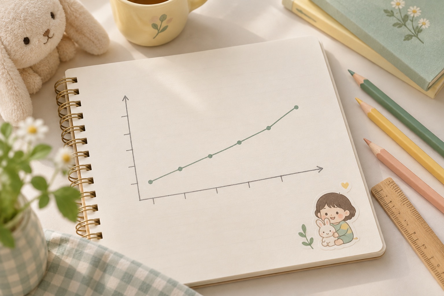 파스텔톤 노트에 그려진 성장 그래프와 색연필