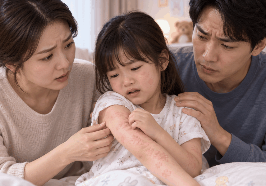 두드러기가 올라온 아이의 팔을 걱정스럽게 살펴보는 부모 — 광주 두드러기 부위