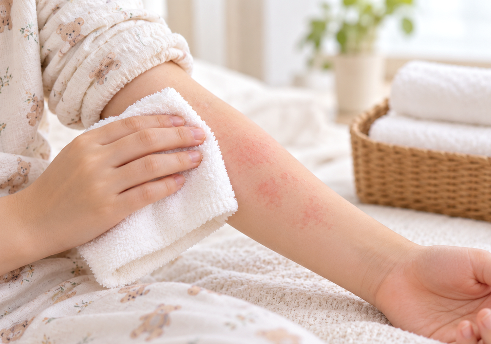 팔에 붉게 올라온 두드러기 자리를 수건으로 가볍게 감싼 아이 — 광주 두드러기 부위