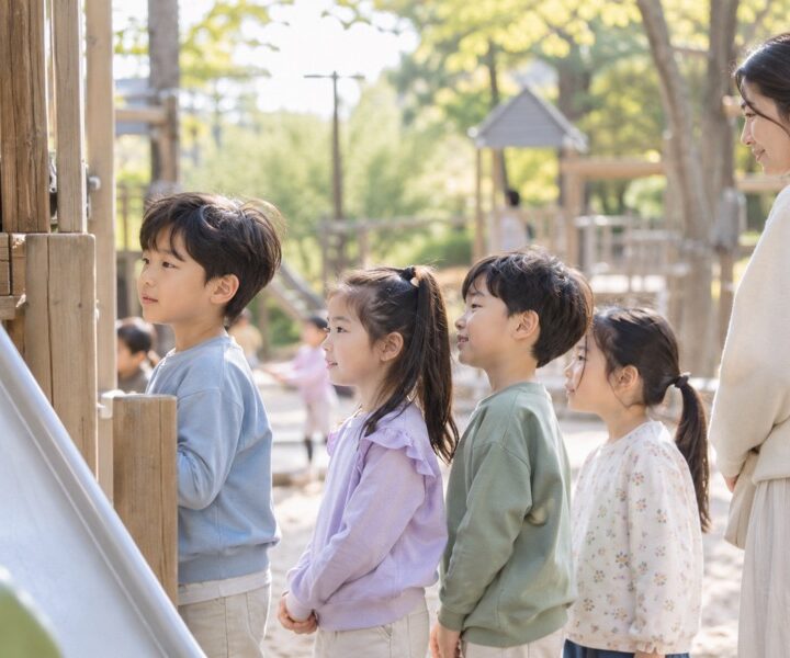 놀이터에서 차례를 기다리는 아이들